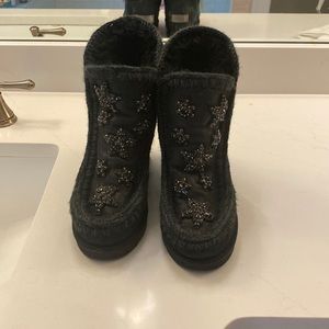 Black designer Mou boots with crystal stars worn once